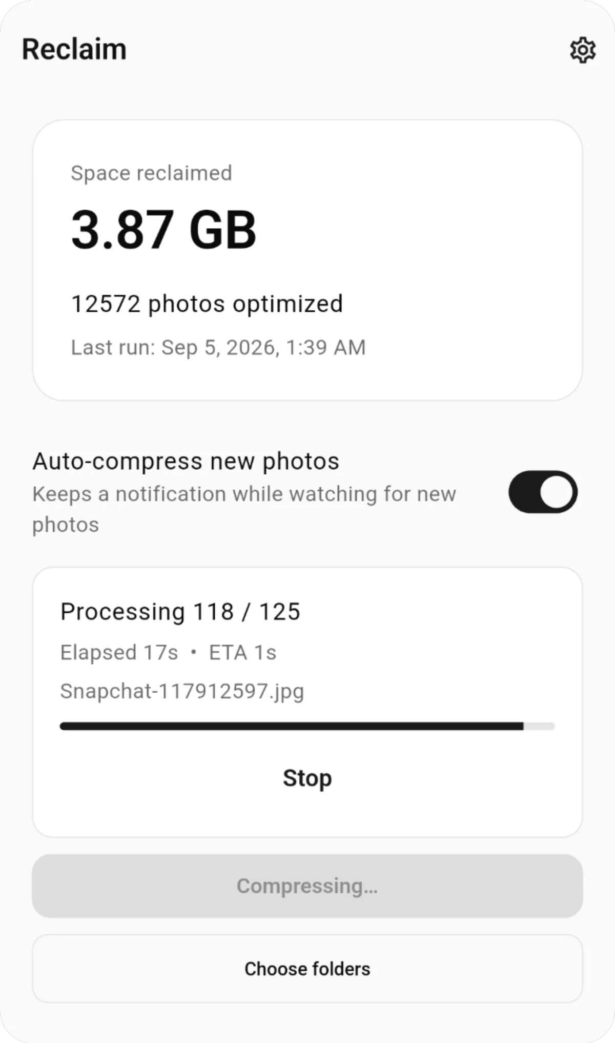 Reclaim app showing storage reclaimed and photo compression progress